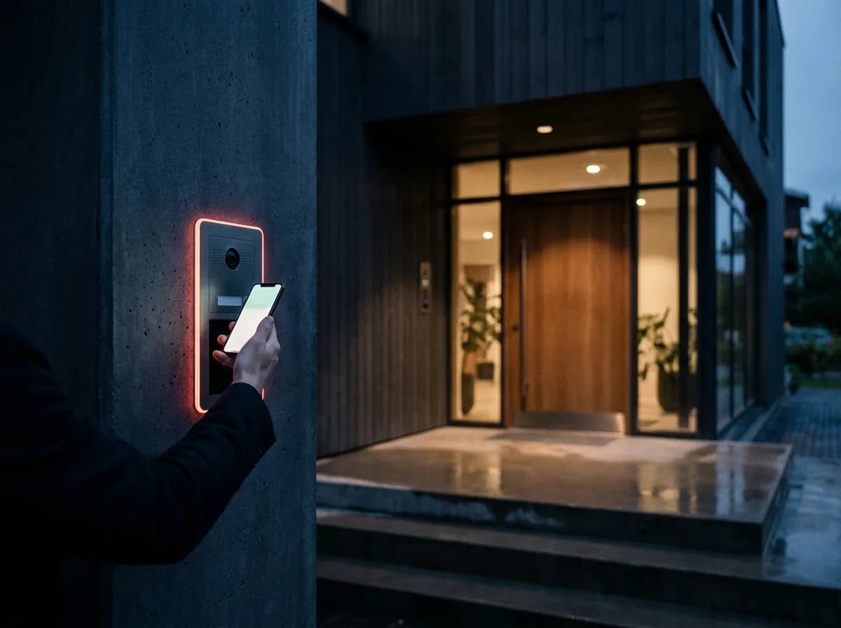 Resident unlocking the building entrance with a smartphone at a glowing Unitify intercom panel